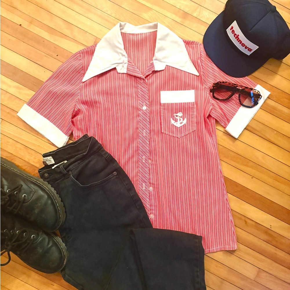 Handmade Vintage 70’s Red Striped Button-up Shirt with Anchor Detail